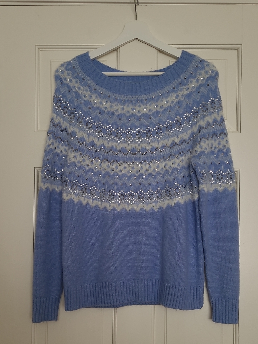 Talbots Light Blue Fair Isle Sequin Crew Neck Sweater